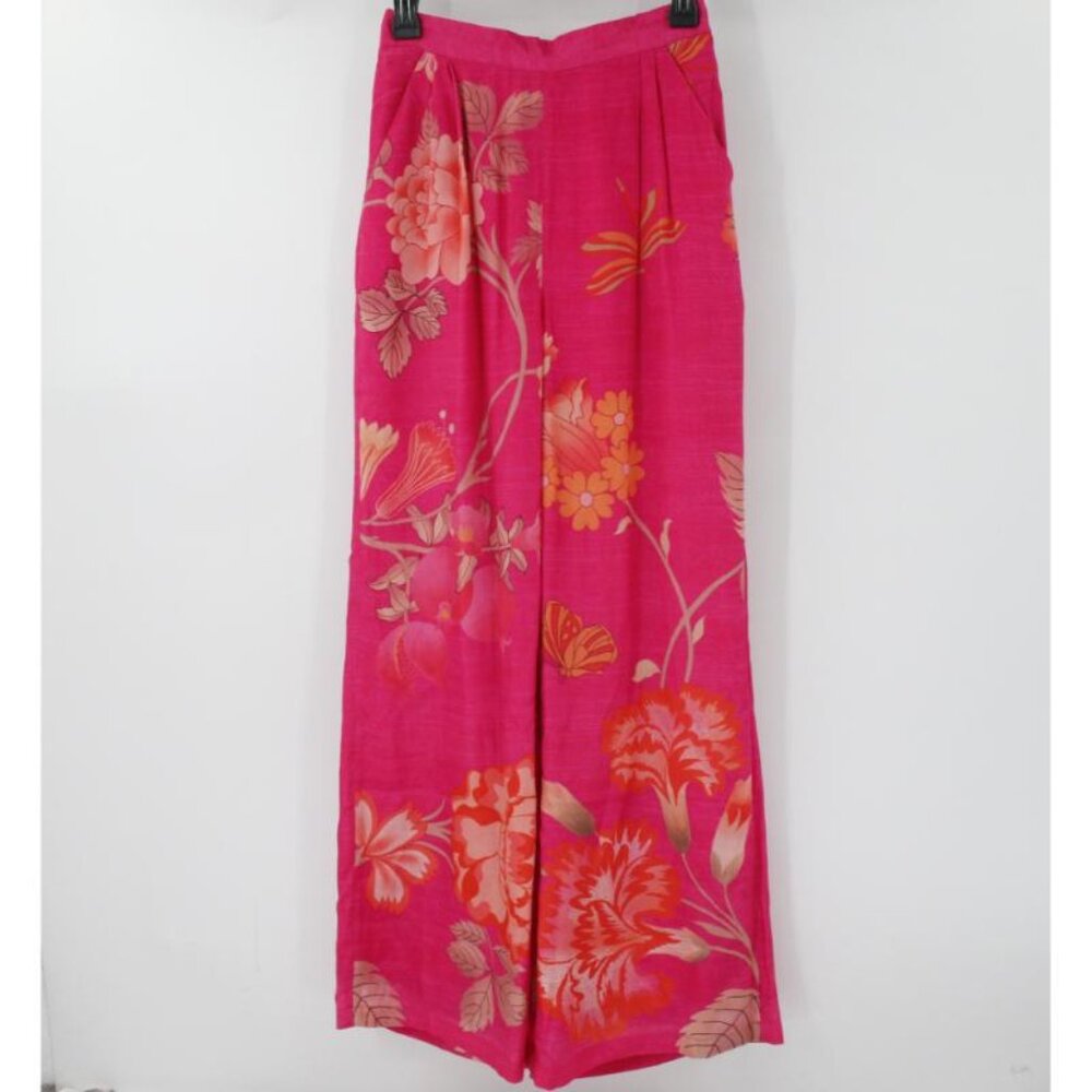 Paulmi & Harsh Pants Women Small Rani Pink Floral Printed Pleated Wide Leg lined